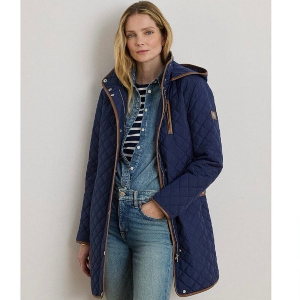 NEW Lauren Ralph Lauren Quilted Hooded Coat Faux Suede Trim Insulated Luxe Large